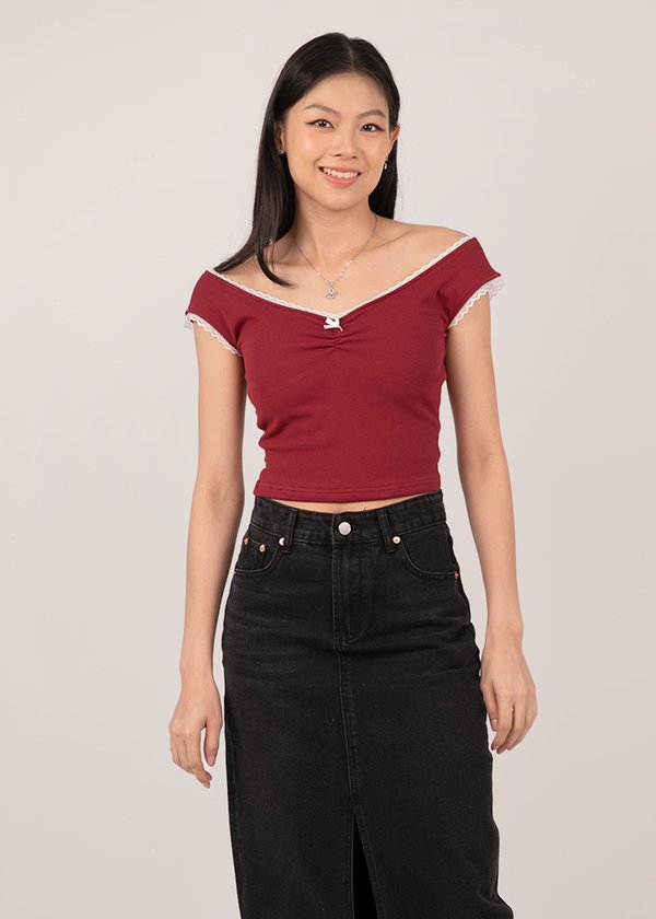 Lace Lover Colorblock Top in Dark Red