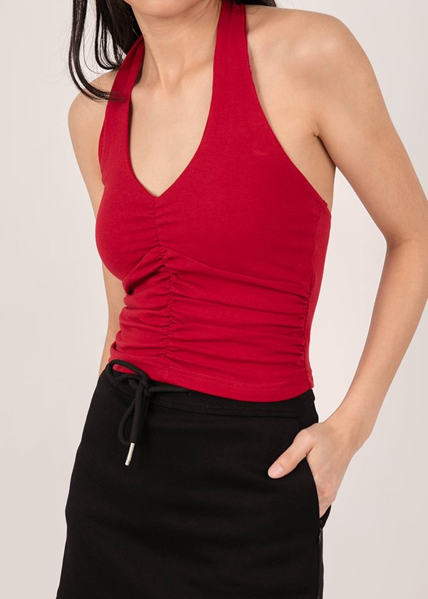 Ultimate Fav Ruched Halter Top in Cherry Red