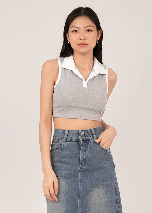 Playful Polo Collar Top in Heather Grey