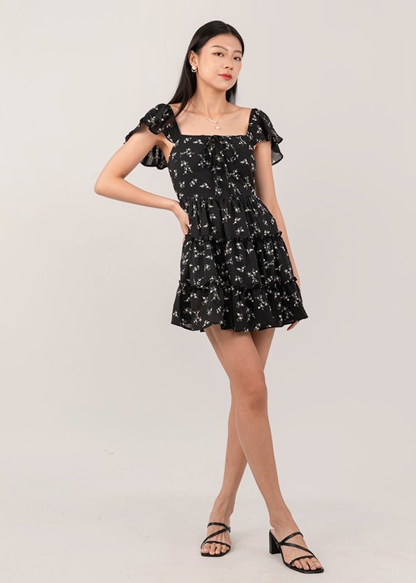 Cupid Flutter Dress Romper in Florals (Black) 