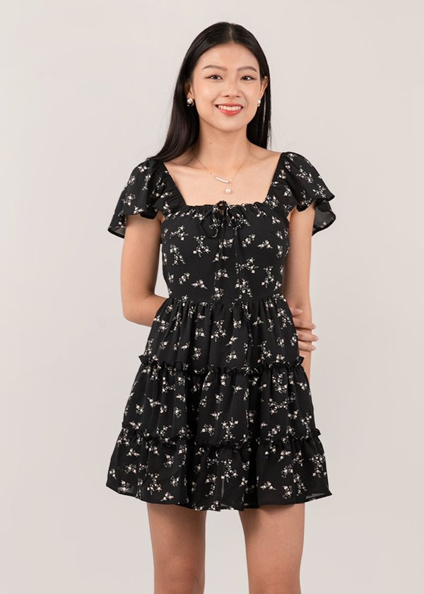 Cupid Flutter Dress Romper in Florals (Black) 