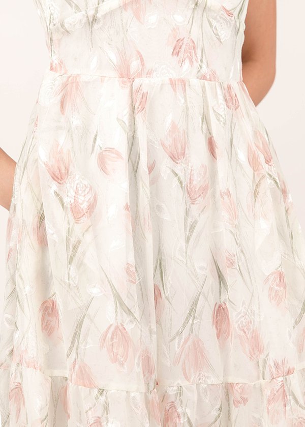 Devoted Tulips Midi Dress in Pink Tulips 