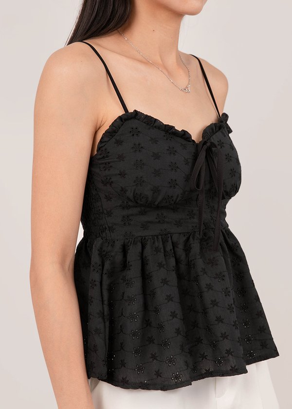 One Glance Eyelet Peplum Top in Black