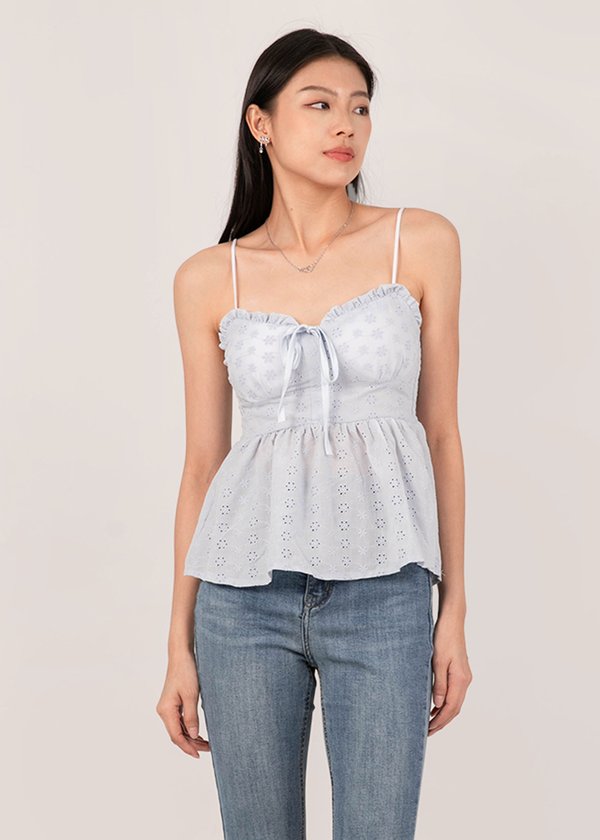 One Glance Eyelet Peplum Top in Baby Blue