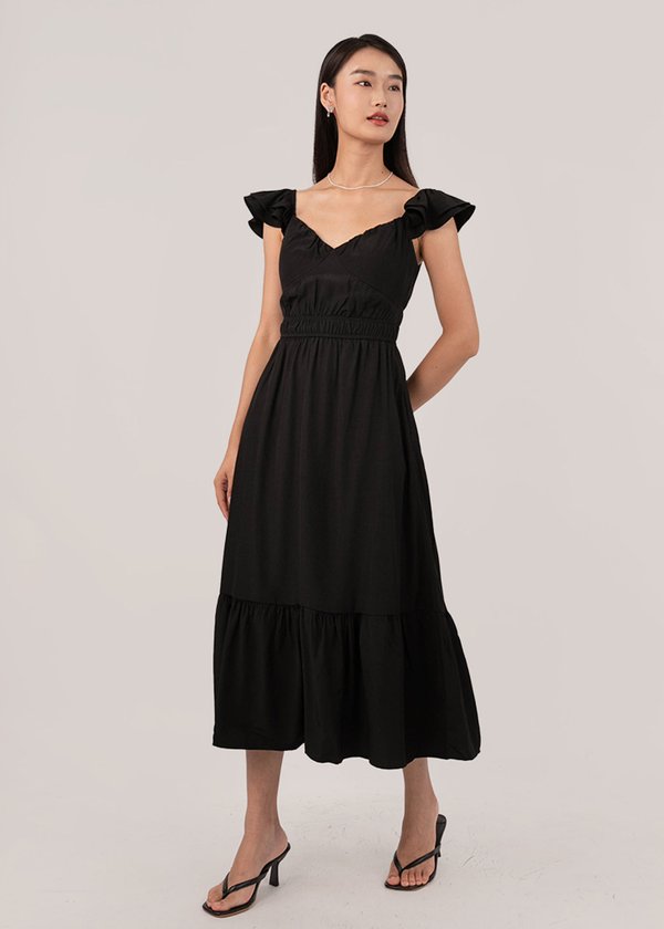 Love At First Sight Flutter Midi Dress in Black