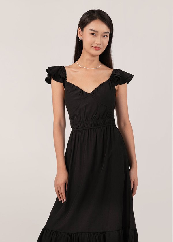 Love At First Sight Flutter Midi Dress in Black