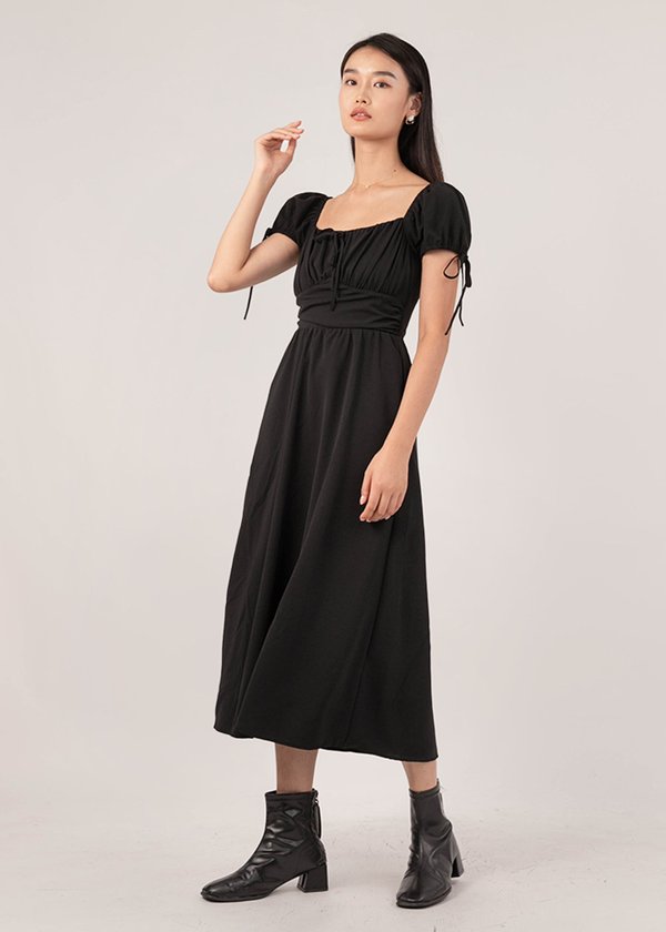 City Girl Ruched Midi Dress in Black