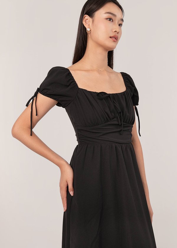 City Girl Ruched Midi Dress in Black