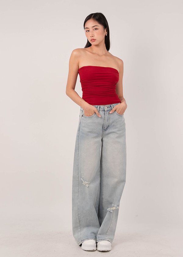 Ultra Soft Ruched Tube Top in Cherry Red