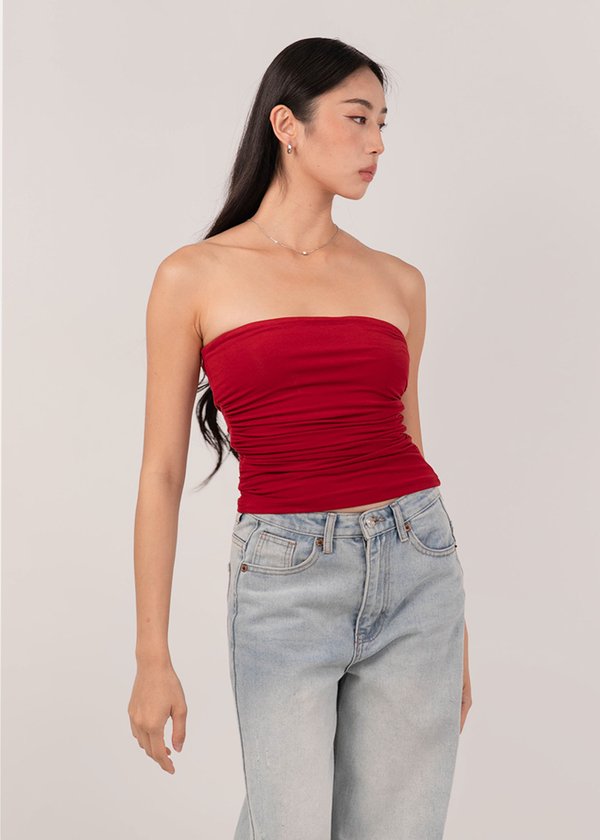 Ultra Soft Ruched Tube Top in Cherry Red