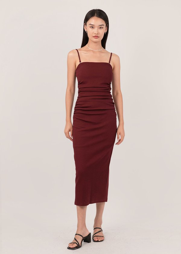 Romantic Affair Ruched Dress in Burgundy Red