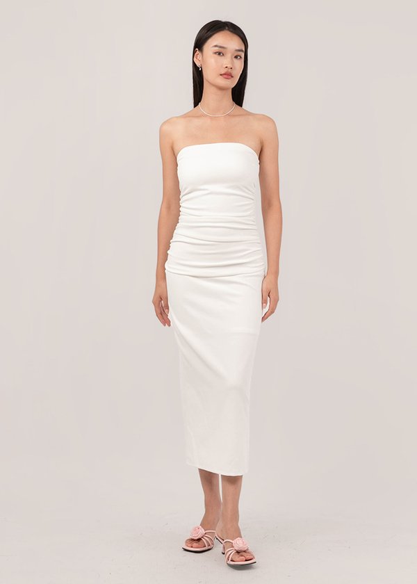 Romantic Affair Ruched Dress in White 