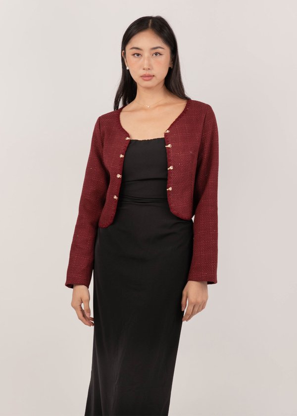 Trinity Tweed Cardigan in Dark Maroon