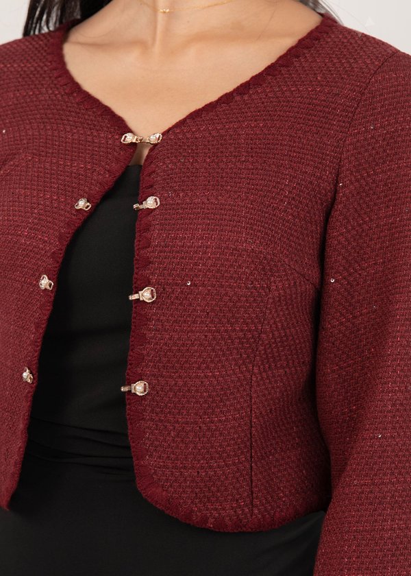 Trinity Tweed Cardigan in Dark Maroon