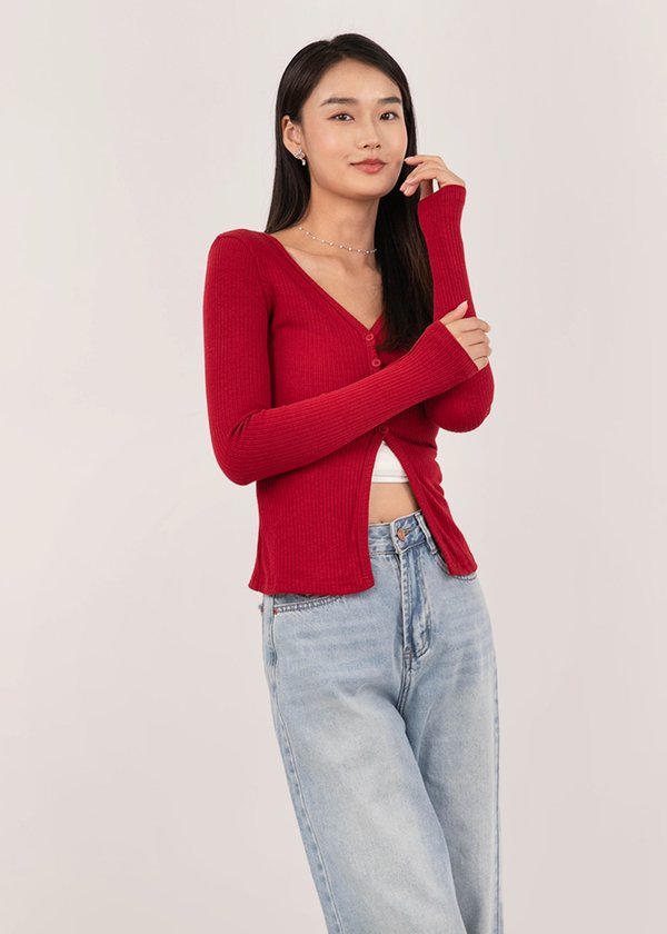 Hug in a Knit Cardigan Top in Cherry Red