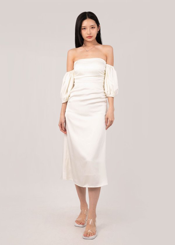 Satin Dream Detachable Puffy Sleeves Midi Dress in Off White