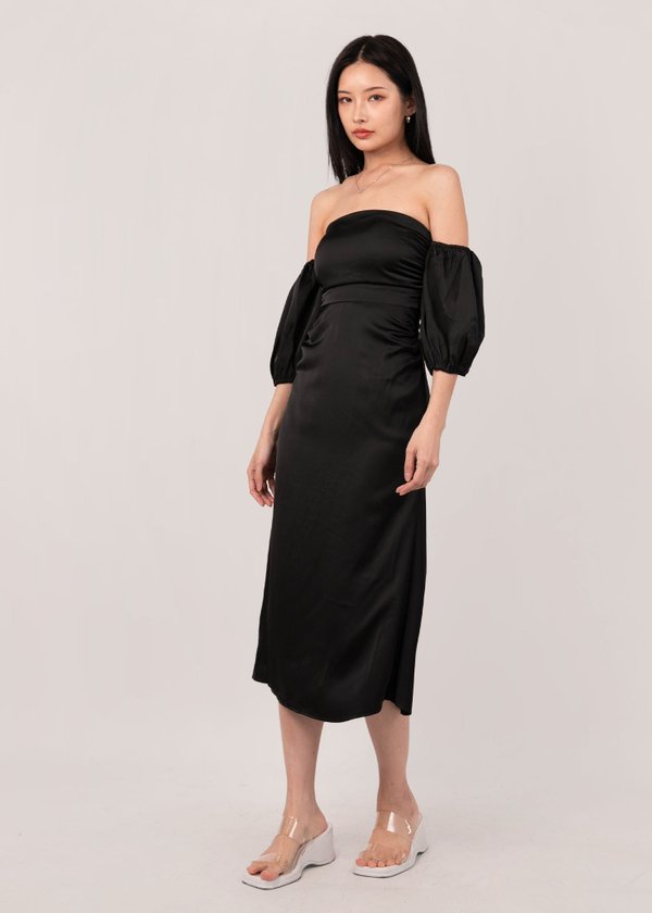 Satin Dream Detachable Puffy Sleeves Midi Dress in Black