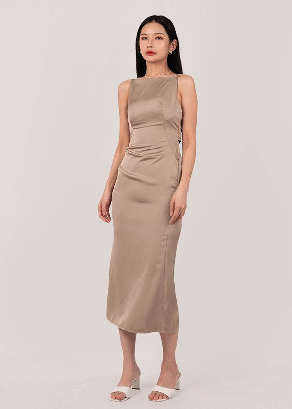 Eternal Luxe Cowl Back Midi Dress in Cooper Brown