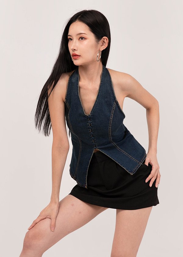 All Bare Denim Halter Top in Vintage Navy