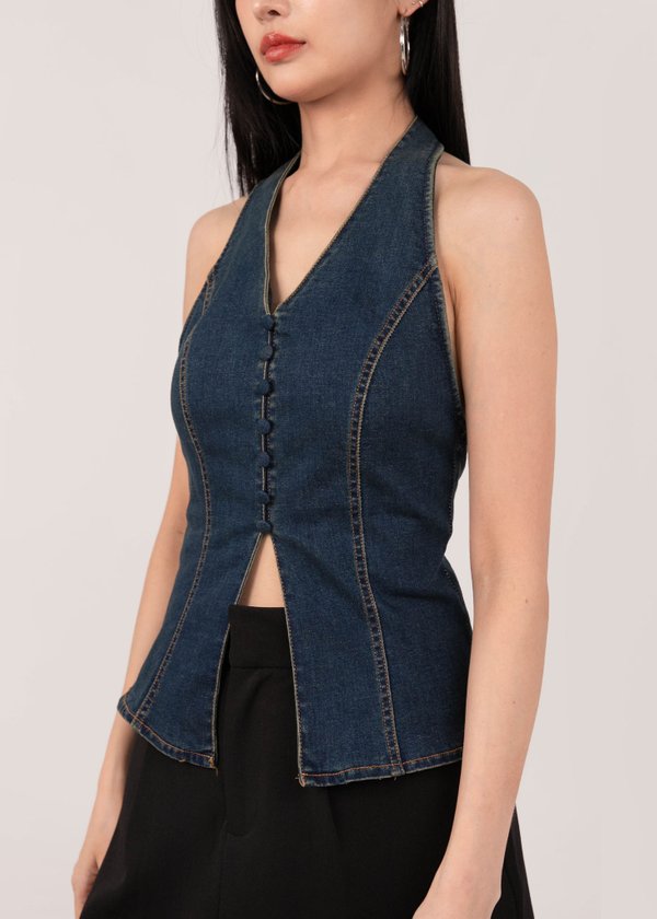 All Bare Denim Halter Top in Vintage Navy