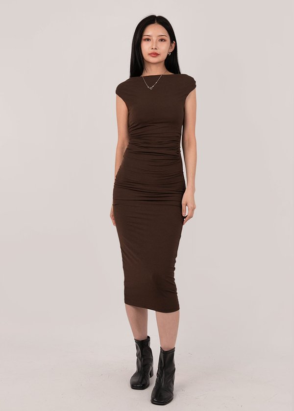 Stellar Twisted Knot Midi Dress in Espresso Brown