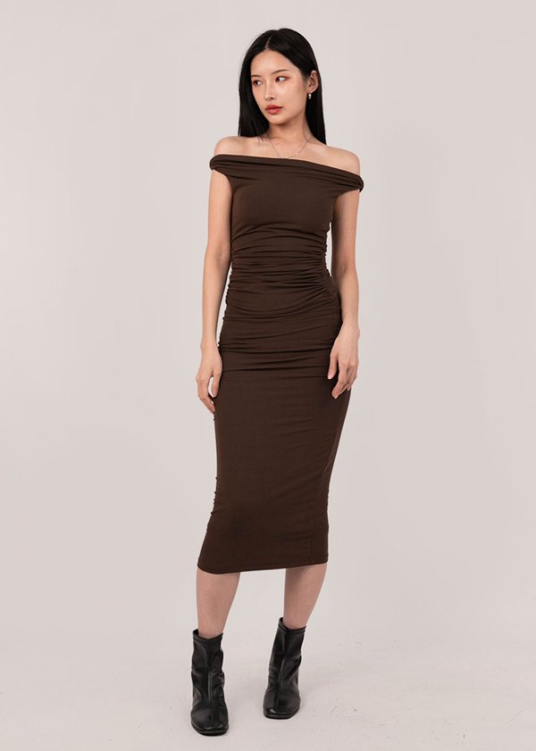 Stellar Twisted Knot Midi Dress in Espresso Brown