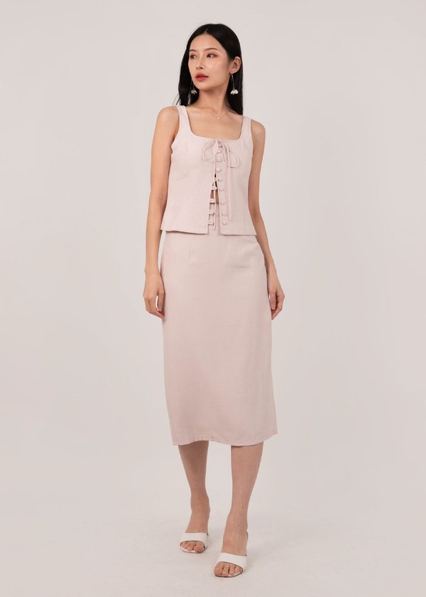 Breeze Luxe Linen Midi Skirt in Misty Pink