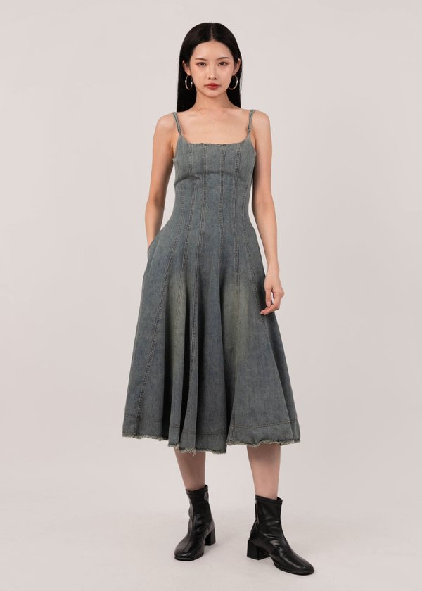 Denim Contour Corset Dress in Classic Fade