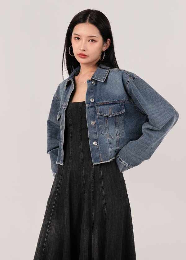 Drifted Cropped Denim Jacket in Deep Wash