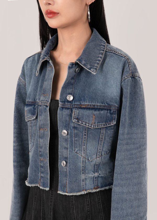 Drifted Cropped Denim Jacket in Deep Wash