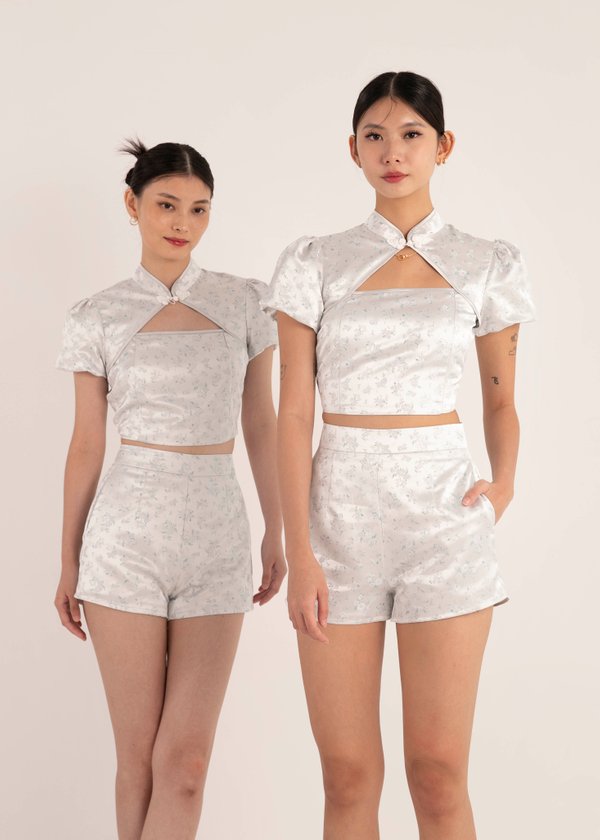 Silk Petal Qipao Shorts in Sliver Blue