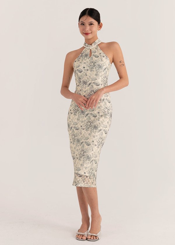 Peony Dynasty Qipao Midi Dress in Moonstone Blue