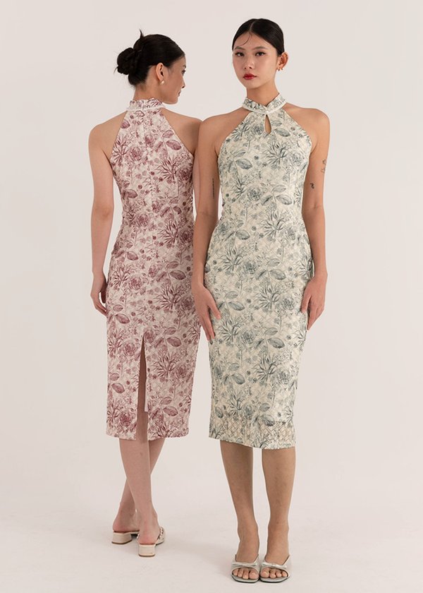 Peony Dynasty Qipao Midi Dress in Moonstone Blue