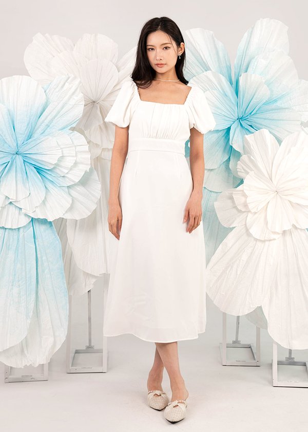 Camellia Puffy Sleeve Midi Dress in White