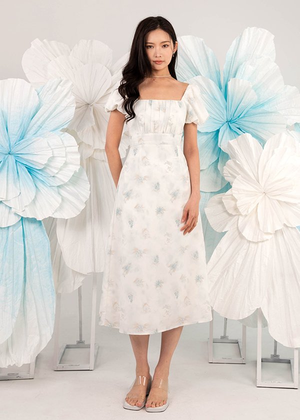 Camellia Puffy Sleeve Midi Dress in Blue Florals (Watercolor)