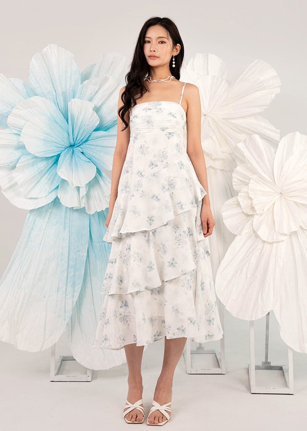 Blooming Allure Waterfall Midi Dress in Blue