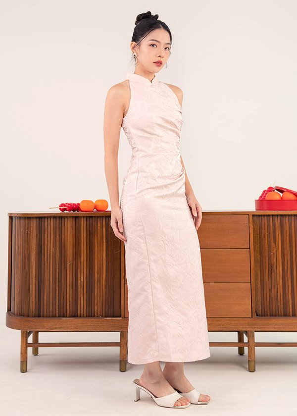 Pearl Empress Ruched Midi Qi Pao in Soft Pink