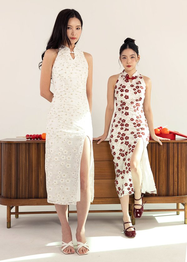 Imperial Jade Midi Qi Pao Dress in White & Gold Florals