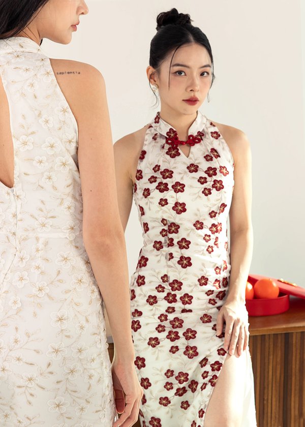 Imperial Jade Midi Qi Pao Dress in Red Florals