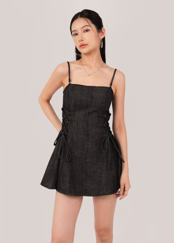 Denim Charm Skater Dress in Black Denim