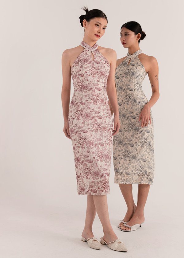 Peony Dynasty Qipao Midi Dress in Dusk Violet