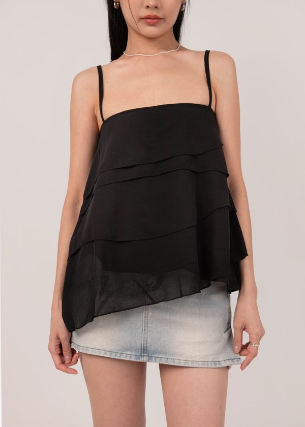 Festive Flowy Asymmetrial Drape Top in Black