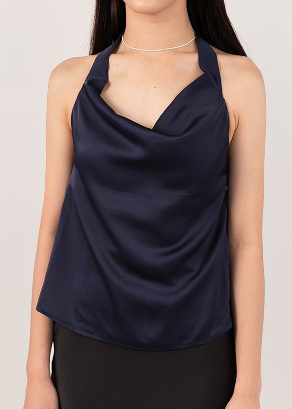 Satin Sleigh Cowl Top in Navy