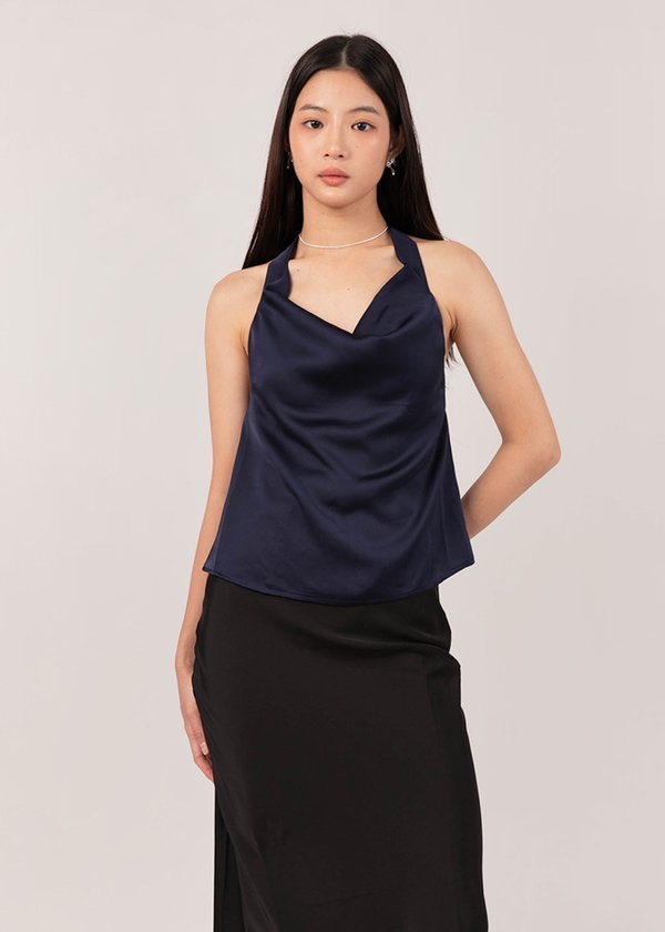 Satin Sleigh Cowl Top in Navy