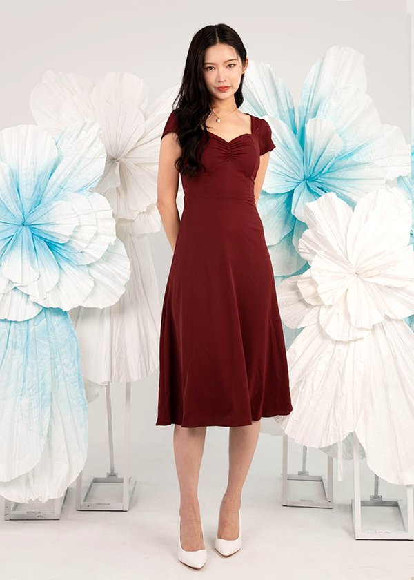 Capella Capped Sleeve Midi Dress in Dark Red