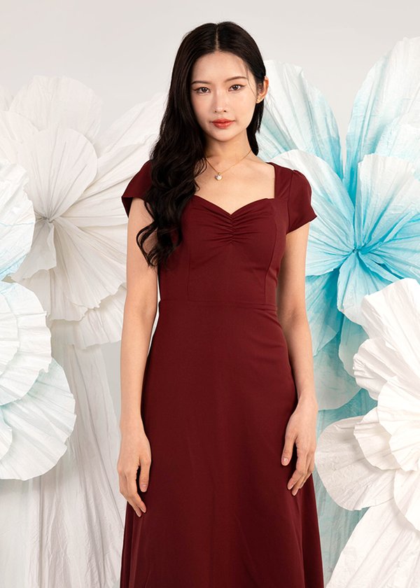 Capella Capped Sleeve Midi Dress in Dark Red