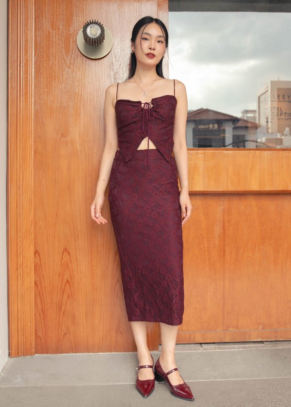 Ophelia Lace Co-Ord Midi Skirt in Burgundy