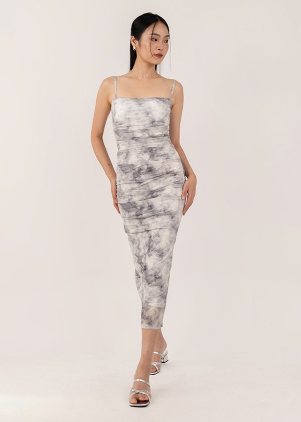 Mystic Midi Ruched Dress in Tie Dye Slate Grey