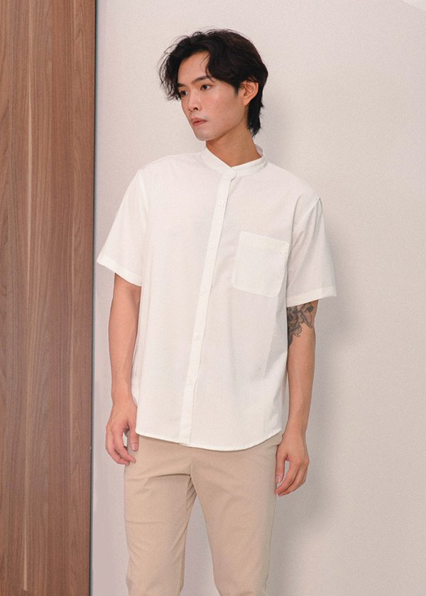 (MEN) Opulent Mandarin Collar Shirt (Short Sleeves) in White