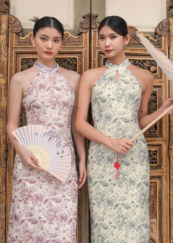 Peony Dynasty Qipao Midi Dress in Dusk Violet